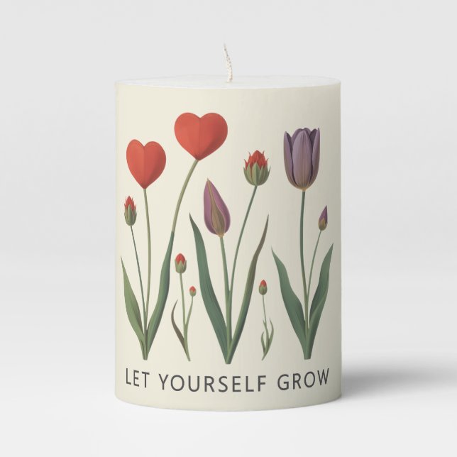 Floral Heart Tulips Let Yourself Grow Quote Pillar Candle (Front)