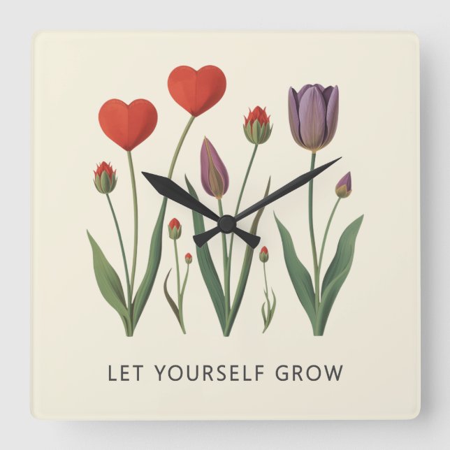Floral Heart Tulips Let Yourself Grow Quote Square Wall Clock (Front)
