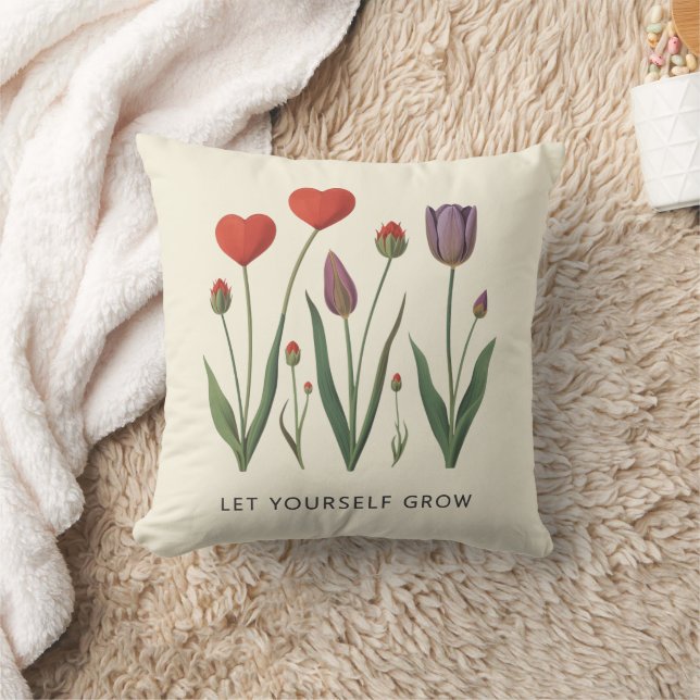 Floral Heart Tulips Let Yourself Grow Quote Throw Pillow (Blanket)