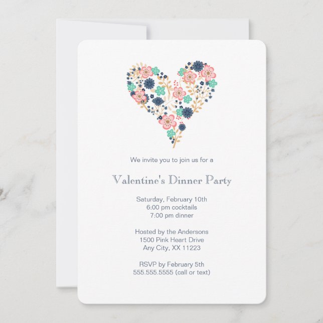 Floral Heart Valentine's Dinner Party invite (Front)