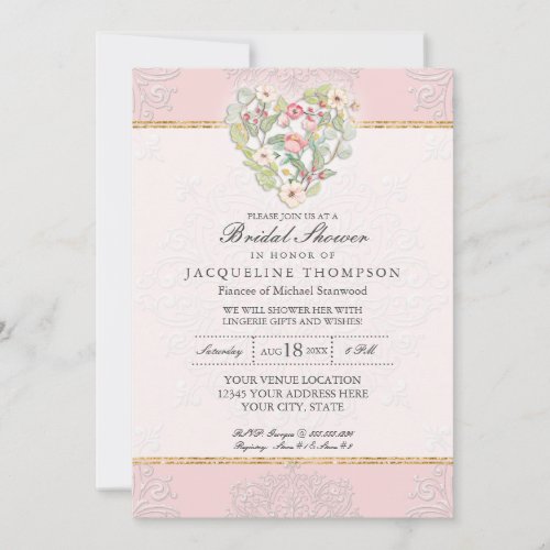 Floral Heart w Lace Gold Blush Rose Bridal Shower Invitation