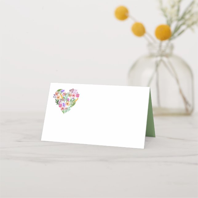 Floral Heart Wedding Folded Place Card (Front)