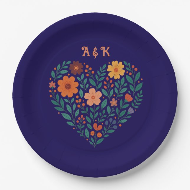 Floral Heart Wedding Paper Plates (Front)