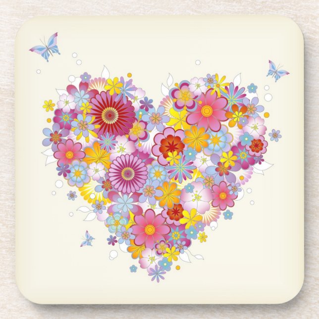Floral heart with butterflies beverage coaster (Front)
