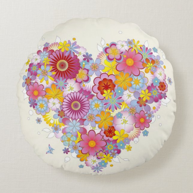 Floral heart with butterflies round pillow (Front)