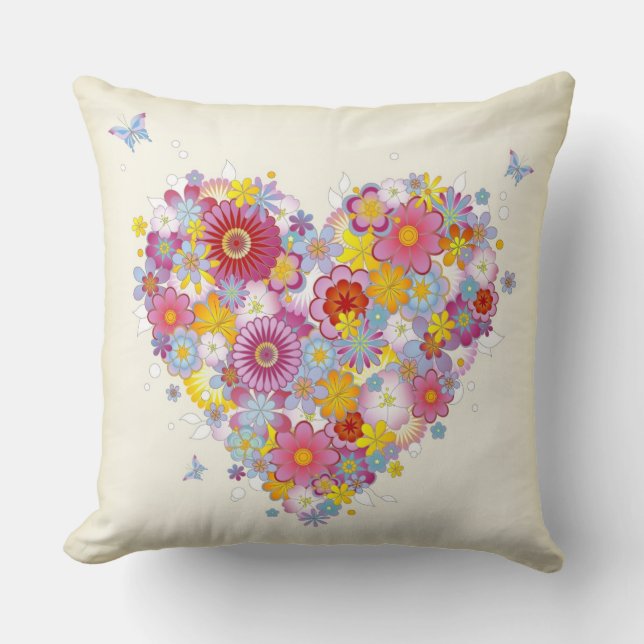 Floral heart with butterflies throw pillow (Front)