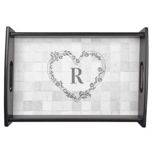 Floral Heart with Initial on Grey Tiles Effect  Serving Tray