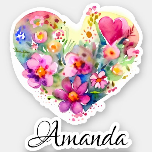 Floral Heart Wreath and Name  Pastel Watercolor  Sticker