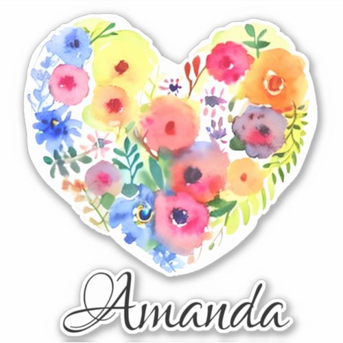 Floral Heart Wreath and Name  Pastel Watercolor  Sticker