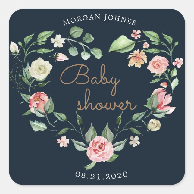 floral heart wreath baby shower square sticker (Front)