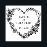 Floral Heart Wreath Couples Names Rubber Stamp<br><div class="desc">Pretty floral heart wreath with couples name in classic serif and the date in modern san serif typography. Great stamp for wedding or any special occasion.</div>