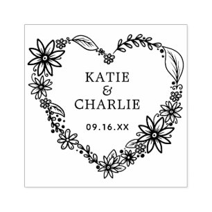 Floral Heart Wreath Couples Names Rubber Stamp