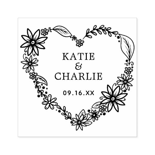 Floral Heart Wreath Couples Names Rubber Stamp