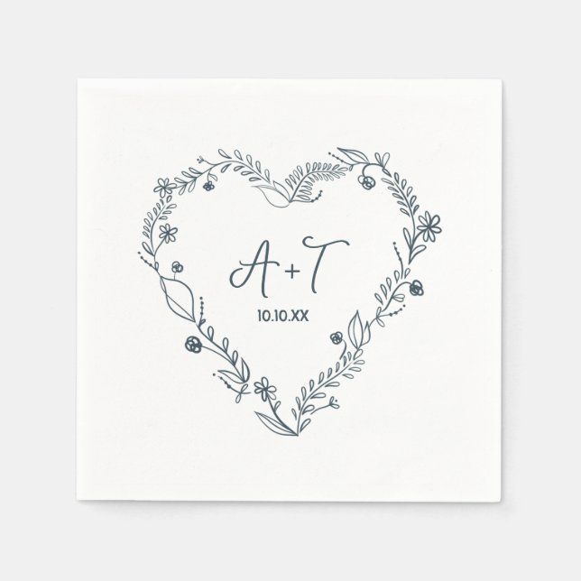 Floral Heart Wreath Hand Drawn Wedding Napkins (Front)