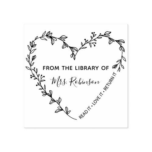 Floral Heart Wreath Library Rubber Stamp