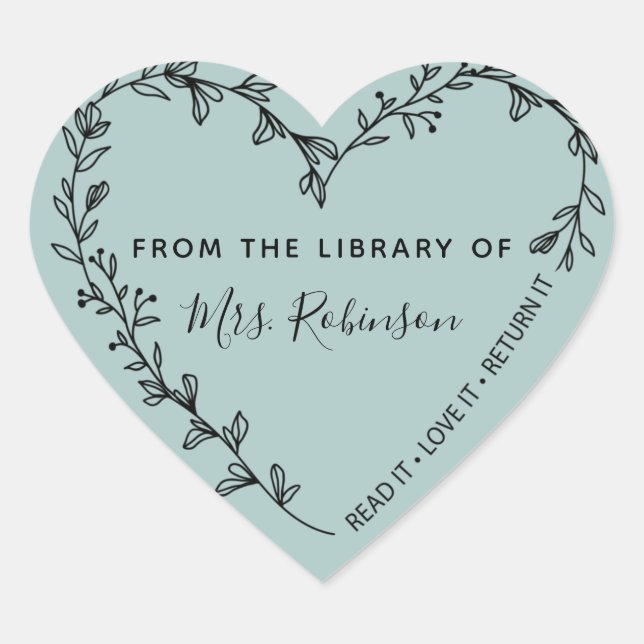 Floral Heart Wreath Library Rustic Teal Sticker (Front)