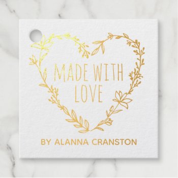 Floral Heart Wreath Made With Love Qr Code Foil Favor Tags by birchandoak at Zazzle