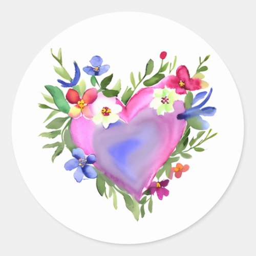 Floral Heart Wreath  Pastel Watercolor Classic Round Sticker