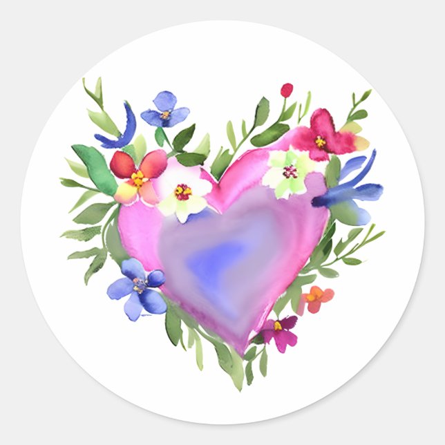 Floral Heart Wreath | Pastel Watercolor Classic Round Sticker (Front)
