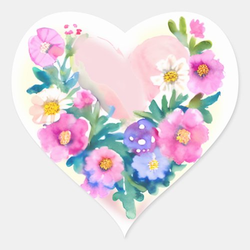 Floral Heart Wreath  Pastel Watercolor Pink Heart Sticker