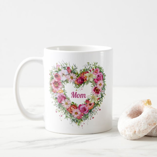 Floral Heart Wreath Personalized Coffee Mug (With Donut)