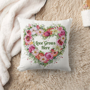Floral Heart Wreath Personalized Throw Pillow