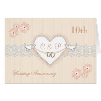 Floral, hearts and doves 10th Wedding Anniversary Card