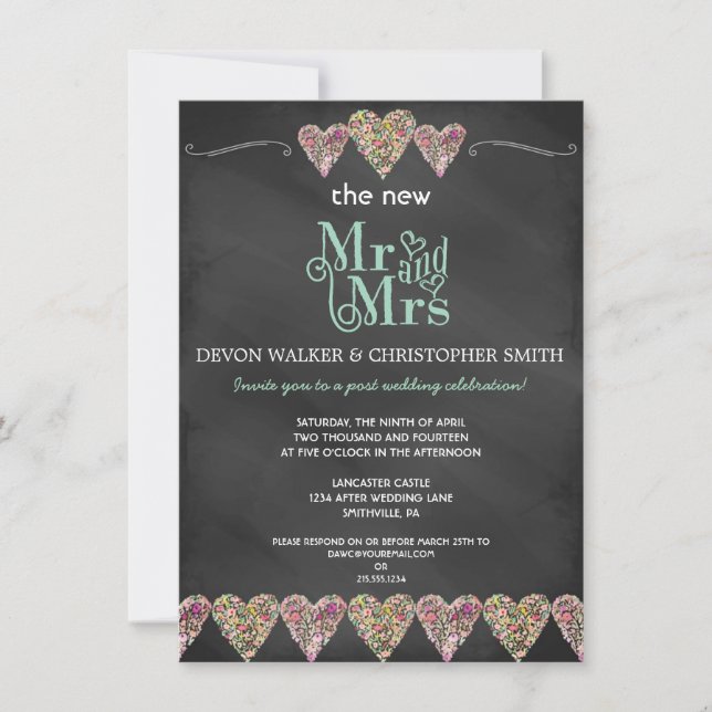 Floral Hearts Chalkboard Post Wedding Invitation (Front)