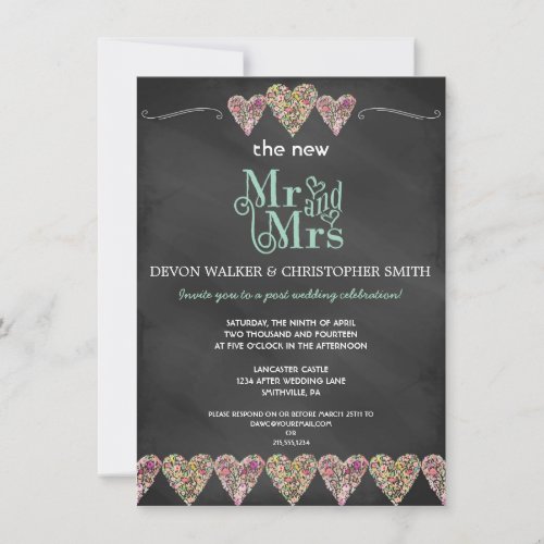 Floral Hearts Chalkboard Post Wedding Invitation