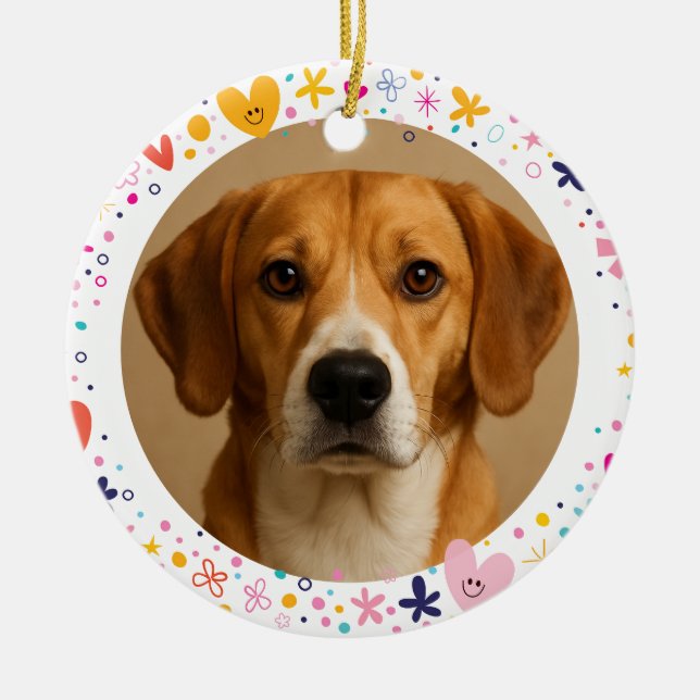 Floral Hearts Frame Custom Pet Photo | Personalize Ceramic Ornament (Front)