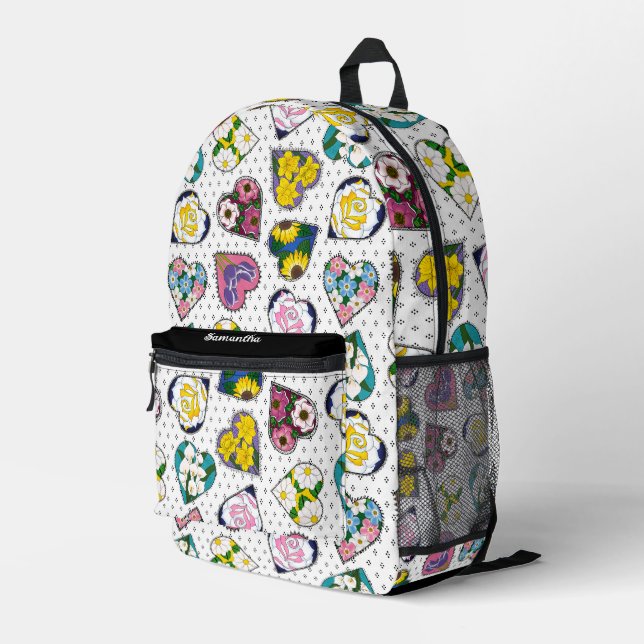 Floral Hearts Printed Backpack (Back Corner Right)