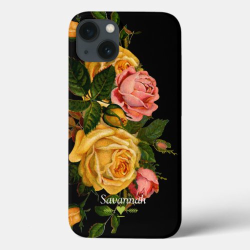 Floral Heirloom Roses Black iPhone 13 Case