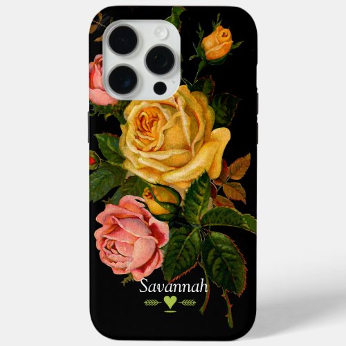 Floral Heirloom Roses Black Yellow Pink iPhone 15 Pro Max Case