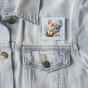 Floral Hen with Eggs Vintage Farmhouse Charm Button