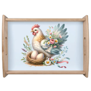 Floral Hen with Eggs Vintage Farmhouse Charm Serving Tray