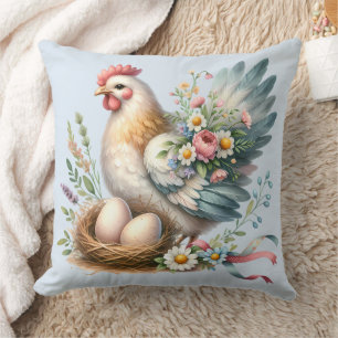 Floral Hen with Eggs Vintage Farmhouse Charm Throw Pillow