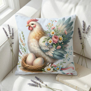 Floral Hen with Eggs Vintage Farmhouse Charm Throw Pillow
