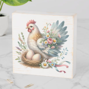 Floral Hen with Eggs Vintage Farmhouse Charm Wooden Box Sign