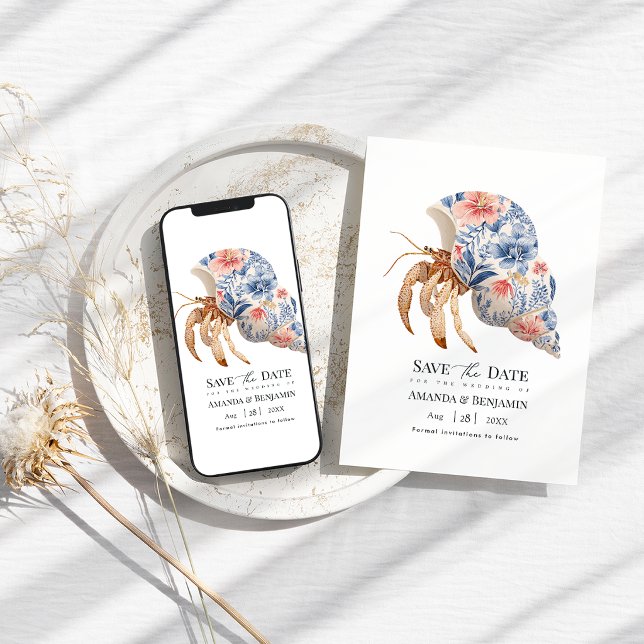 Floral Hermit Crab Coastal Beach Wedding Nautical Save The Date (Floral Hermit Crab Coastal Beach Wedding Nautical Save The Date)