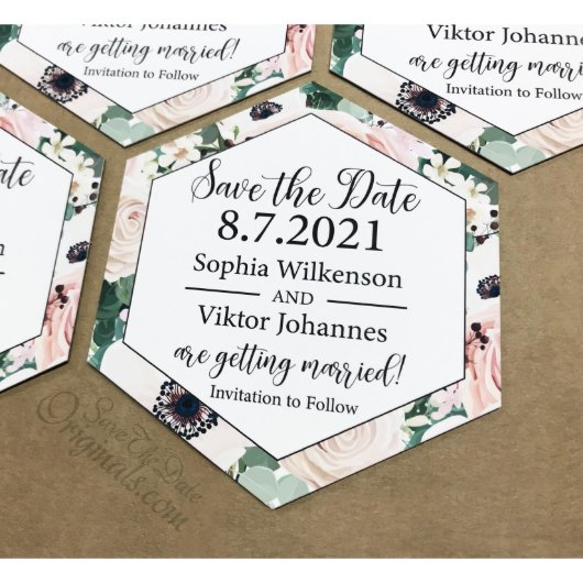 Floral Hexagon-Shaped Save the Date Magnet (Front)