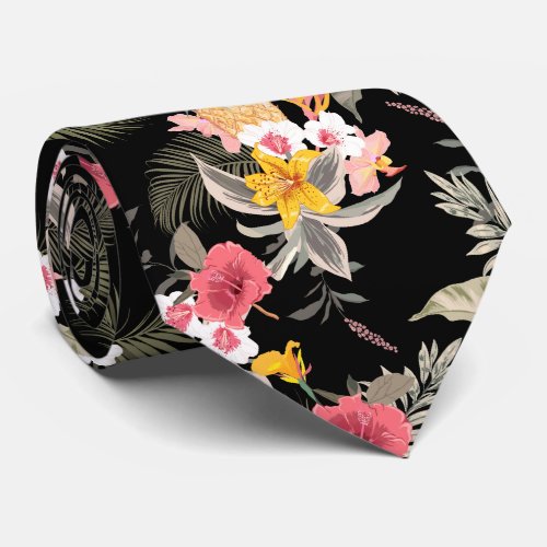 Floral Hibiscus Pineapple Hawaiian Print Black Neck Tie