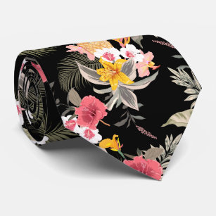 Floral Hibiscus Pineapple Hawaiian Print on Black Neck Tie