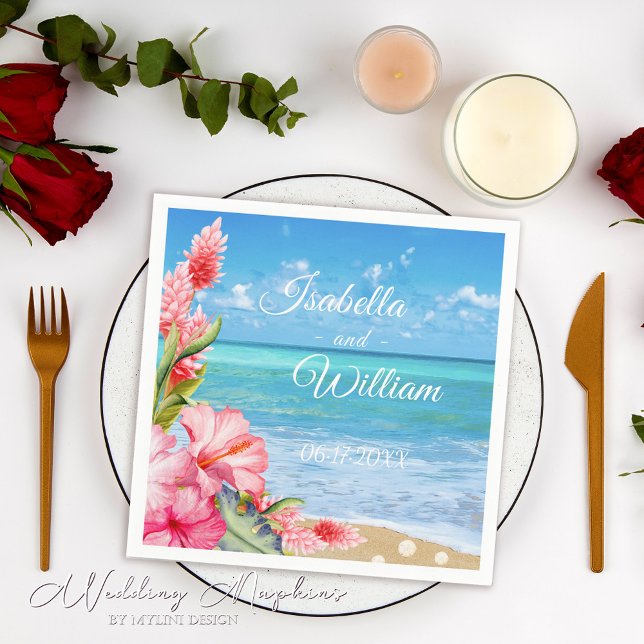 Floral Hibiscus Tropical Beach Wedding Napkins (Creator Uploaded)
