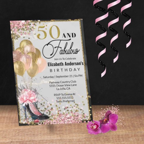 Floral High Heel Shoes Fifty and Fabulous Birthday Invitation