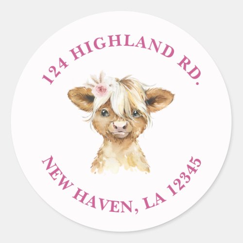 Floral Highland Cow Address Classic Round Sticker