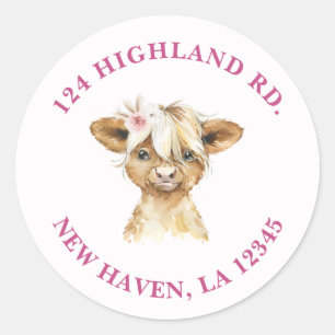 Floral Highland Cow Address Classic Round Sticker