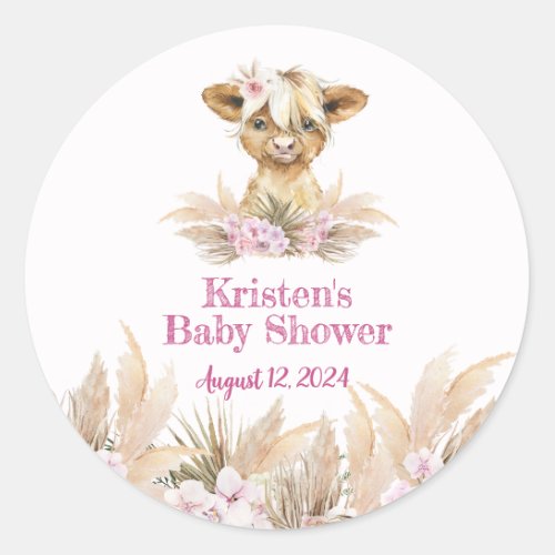 Floral Highland Cow Baby Shower Classic Round Sticker