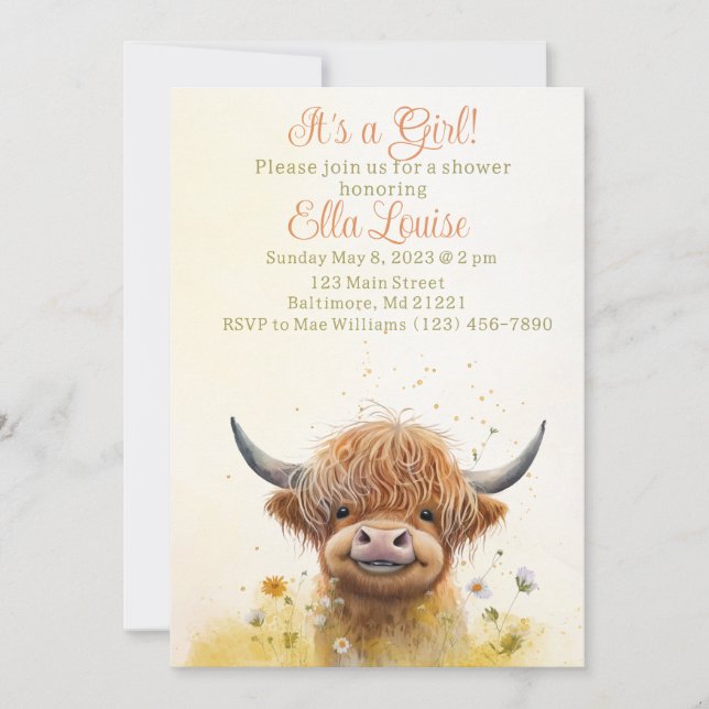Floral Highland cow baby shower invitation  (Front)