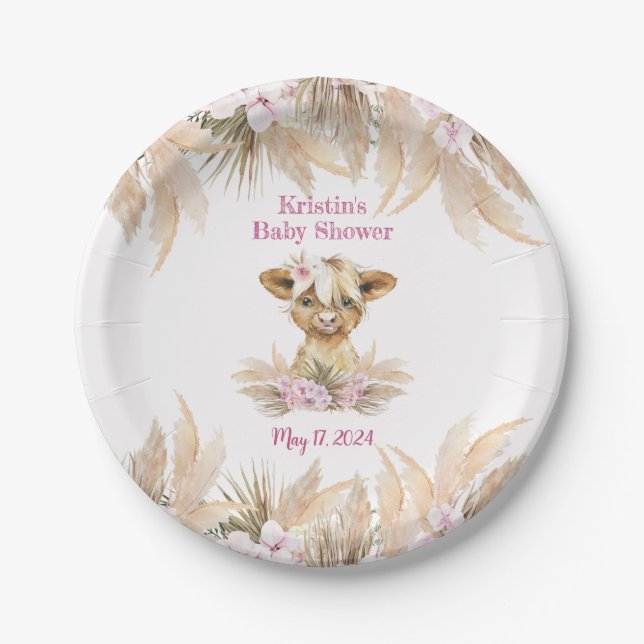 Floral Highland Cow Baby Shower  Paper Plates (Front)