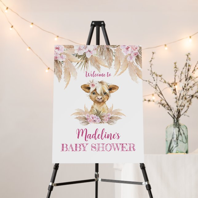 Floral Highland Cow Baby Shower Welcome Foam Board (In Situ (Stand))